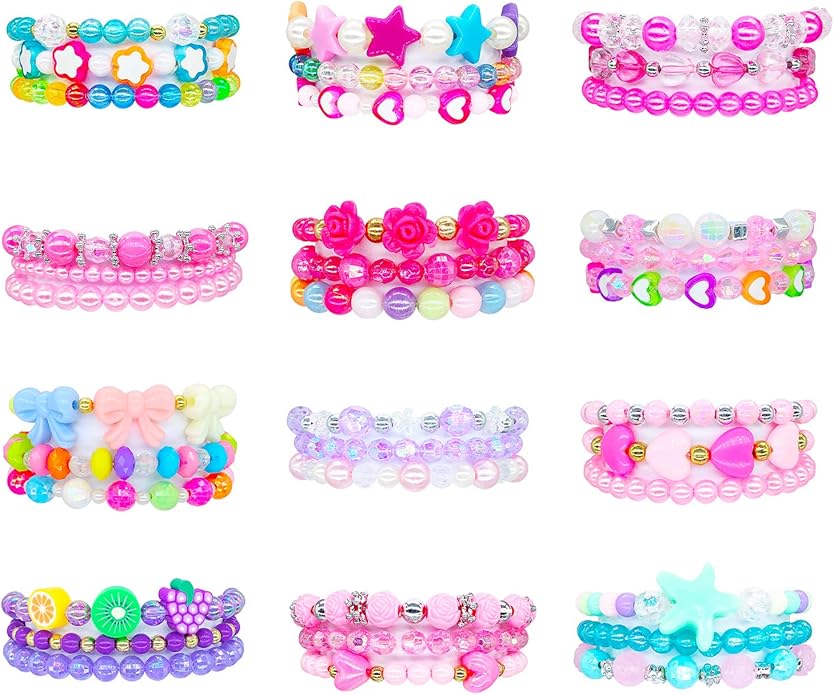 Elesa Miracle 36pc Little Girl Teens Kids Beaded Bracelet Value Set Kids Girl Party Favor Pretend Play Bracelet