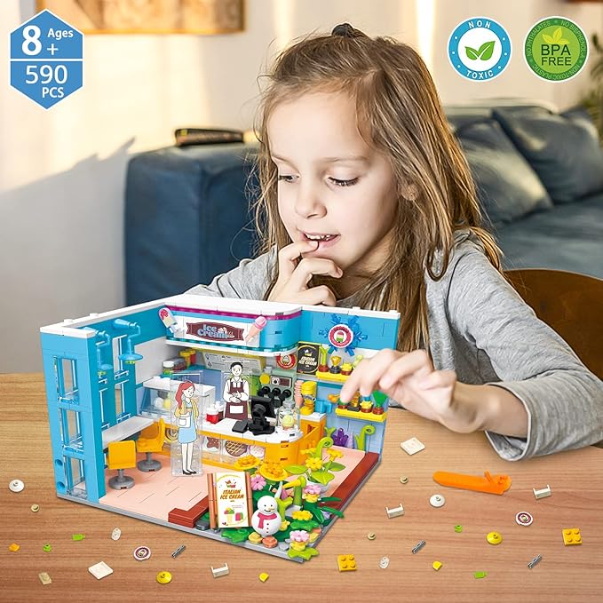 Friends House Building Block Sets, Mini Ice Cream Bar Dessert Shop Girls Friendship Playhouse Store Apartment Micro Bricks Kits Birthday Christmas Xmas Gifts for Adults Kids 8-12 6-12 6-10 7-9