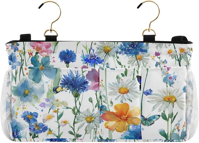 Watercolor Cornflower Daisy Bedside Caddy for Dorm Bed Bedside Hanging Caddy Bag Iron Frame Storage Organizer Pocket for Bunk Home College Hospital Beds 2 Hooks