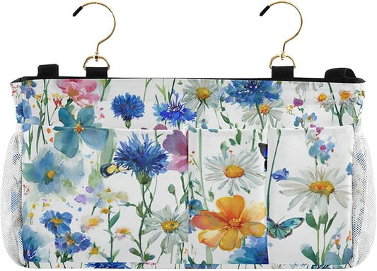 Watercolor Cornflower Daisy Bedside Caddy for Dorm Bed Bedside Hanging Caddy Bag Iron Frame Storage Organizer Pocket for Bunk Home College Hospital Beds 2 Hooks