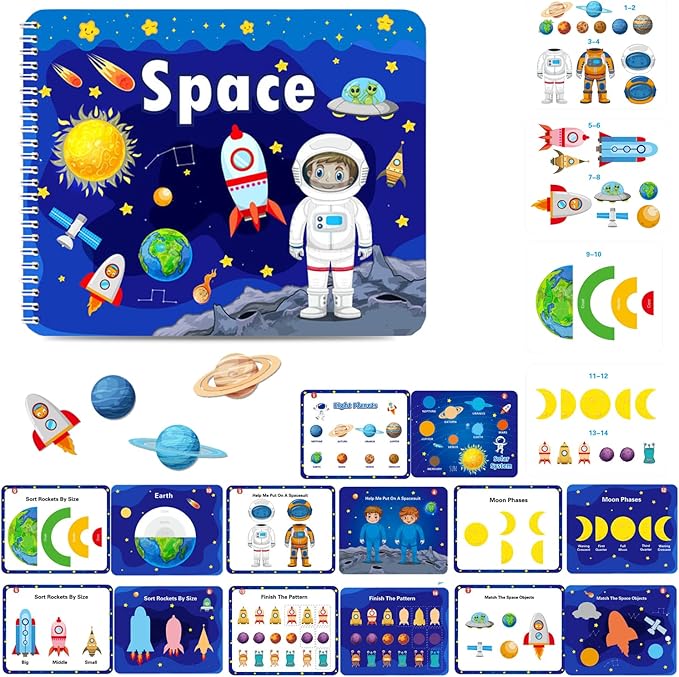 Preschool Montessori Toys for Toddlers, Space Busy Book Learning Toys for Kids Toddlers Preschool Learning Activities, Autism Sensory Educational Toys for Boys & Girls Christmas Birthday Gifts