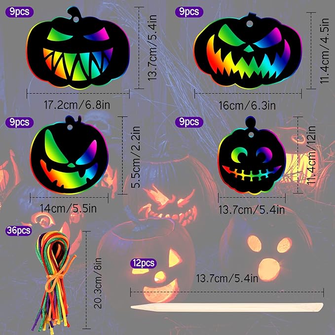 JULMELON 48 Pieces Halloween Scratch Paper Crafts Kit Bulk of Halloween Pumpkins Magic Rainbow Scratch Art for Kids DIY Party Ornaments Halloween Decor with 6 Pcs Halloween Pumpkins Stencils