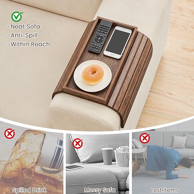 GEHE Bamboo Sofa Arm Tray, Foldable Couch Arm Tray Side Table, Anti-Falling Armrest Tables Cup Holder for Snacks, Drinks, Beers, Phone, Control, Flexible and Portable, Anti-Slip Bottom