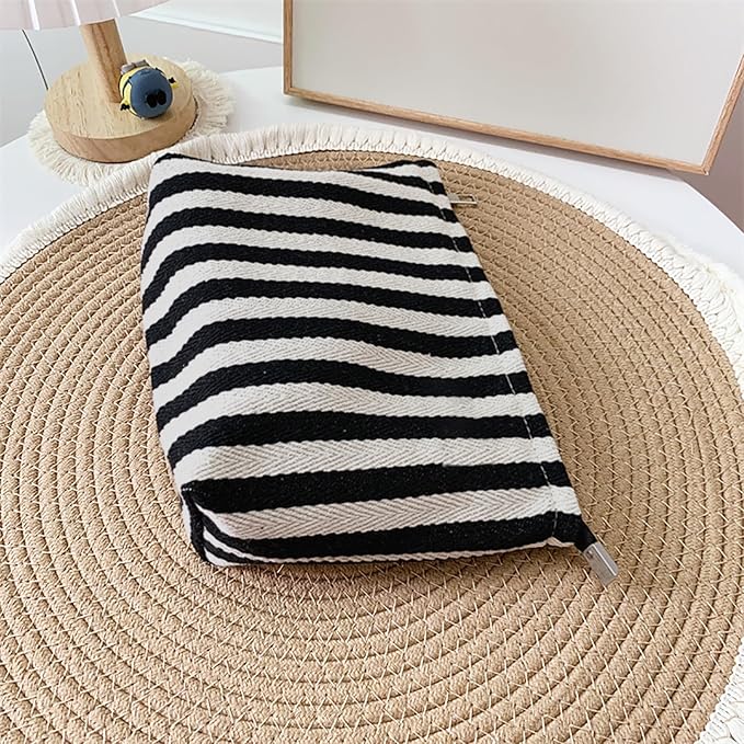 HAPPYHEIDI Large Stripe Makeup Bag Cosmetic Toiletry Travel Pouch, Purse Organizer, Canvas Lined, Black White, Large