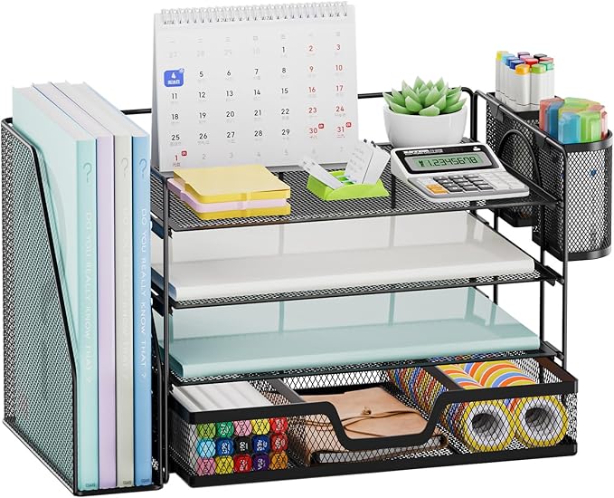 Marbrasse Desk Organizer and Accessories，4-Tier Paper Letter Tray Organizer with File Holder, Desk Accessories & Workspace Organizers with Drawer and 2 Pen Holder (Black, 15.4" x 9.1" x 8.3")