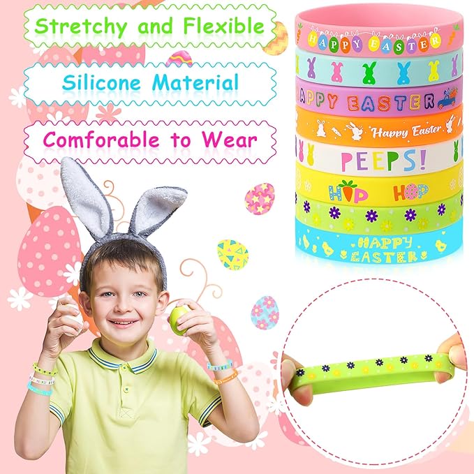 JUNEBRUSHS 24Pcs Easter Party Favors Silicone Bracelets Egg Bunny Rubber Wristbands for Kids Teens Easter Basket Fillers Gift Party Decorations (8 Designs)