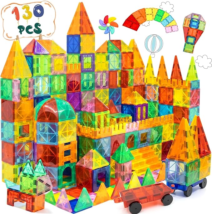 EchoPlan Magnetic Tiles,Deluxe 130 PCS Magnetic Blocks with 2 Cars,Magnet Tiles Building Blocks Set,STEM Preschool Sensory Educational Toys Gifts for Toddlers Kids Boys 3 4 5 6 7 8 9+ Year Old