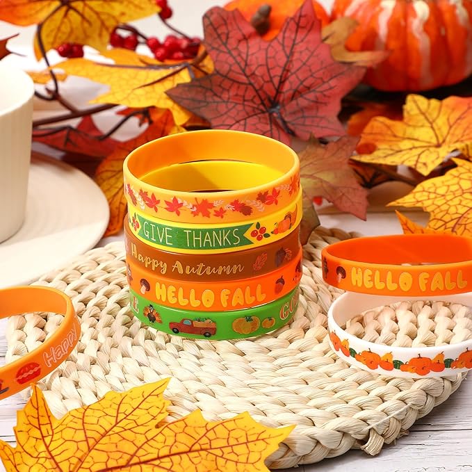 JUNEBRUSHS 42pcs Thanksgiving Party Favors Silicone Bracelets Rubber Wristbands Accessories for Autumn Thanksgiving Kids Adults Party Decorations Stuffers Filler Gift Supplies(7 Designs)