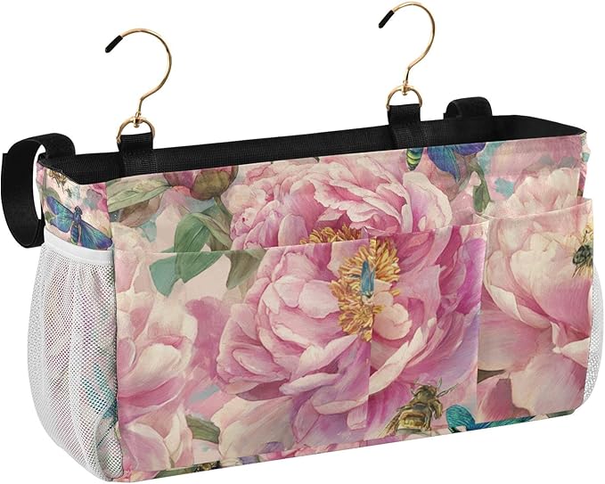 Pink Peony Bee Dragonfly Bedside Caddy for Dorm Bed Bedside Hanging Caddy Bag Iron Frame Storage Organizer Pocket for Bunk Home College Hospital Beds 2 Hooks
