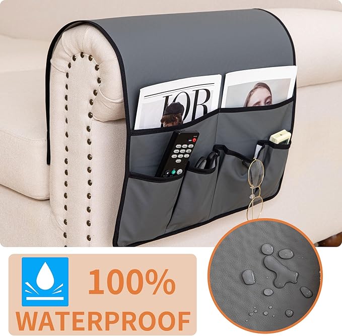 HAOMAIJIA Anti Slip Sofa Armrest Organizer Arm Chair Bedside Caddy Storage Organizer For Recliner Couch With 6 Pockets For Cell Phone Tv Remote Control (Dark Gray, 31.89 inches × 18.5 inches)