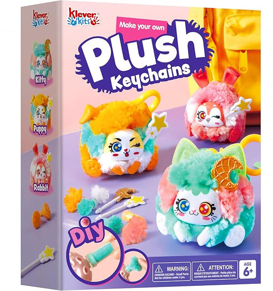 Klever Kits DIY Plush Keychain Making Craft, DIY Arts & Craft Set with 3 Models, Create Your Own Stuffed Keychain for Boys and Girls Ages 6 7 8 9