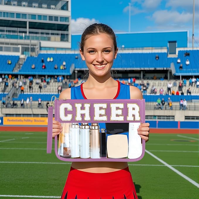 BuyCard Cheer Chenille Letter Bags Clear Makeup Bag, Cheerleader Gifts Cosmetic Bag, Varsity Preppy Patch Flat Pouch Cheer Accessories, Waterproof PVC Organizer Toiletry Bag for Women Girls Purple