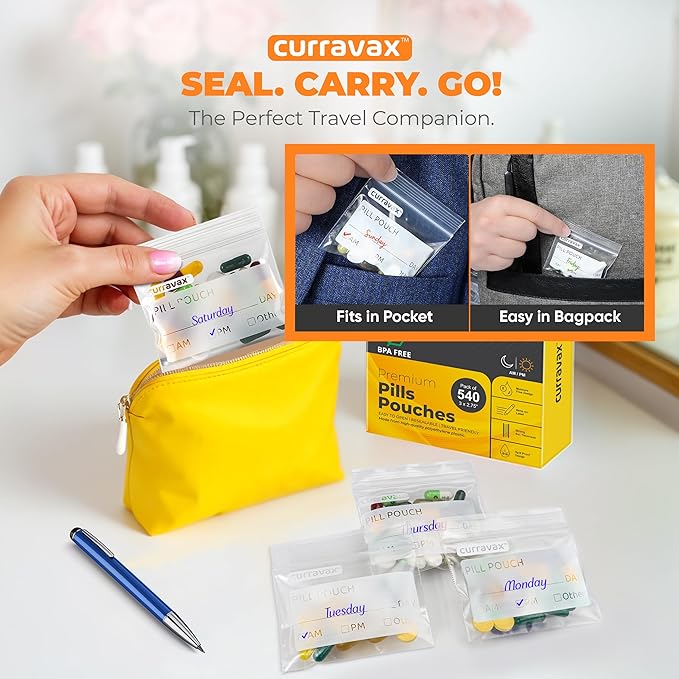 CURRAVAX Pill Pouch Bags for Travel Pack of 400 - BPA Free 3 x 2.75 inch Pill Pouch - Pill Pouches for Medicine with Write on Label –Clear Ziplock Pill Baggies for Travel Medicine Organizer