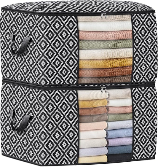 StorageTastic Direct 100L, 2 Pack, Storage Containers, Large Clothes Storage Bins Foldable Organization and Storage Bags with Reinforced Handle, Clear Window for Bedding, Blankets, Clothing, Black