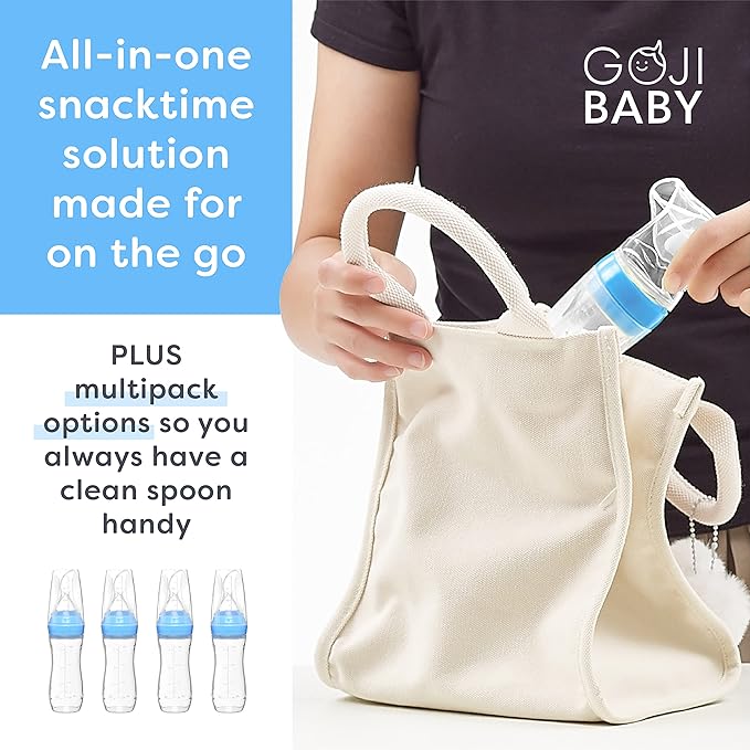 4 oz Silicone Baby Food Dispensing Spoon - 4 Pack - Great for 4+ Month Infants - Includes Stopper - Easy to Use and Mess-Free - Precise Food-Release Feeder - Great for Travel (Blue)