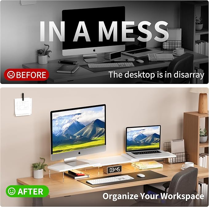 AFOOYO LED Dual Monitor Stand Riser for 2 Monitors, Office Desktop Wooden Stand Adjustable Length and Angle 3 Shelf, Extra Long Multifunctional Stand up to 44.4" for Computer, Laptop, TV, White