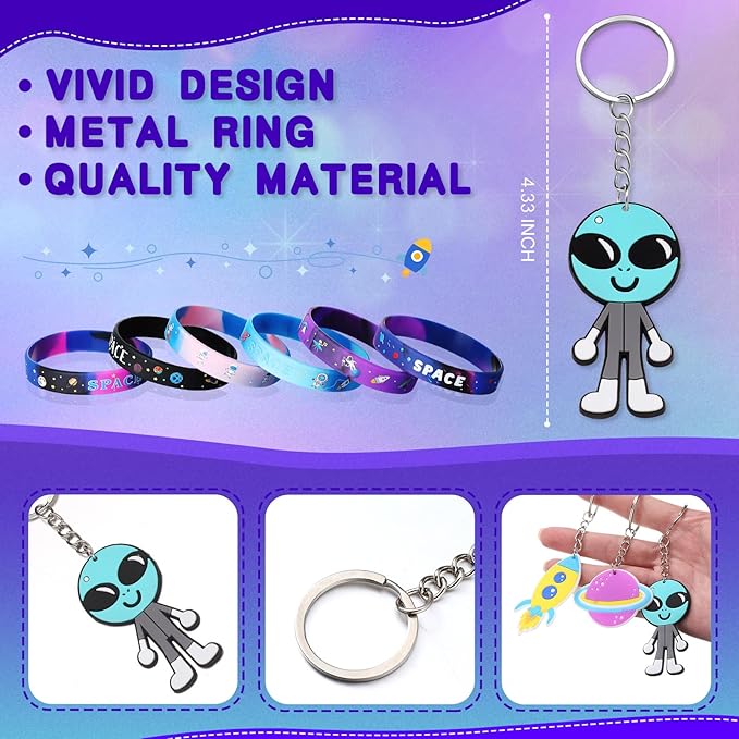 Aoriher 48 Pcs Space Party Favors Outer Space Rubber Bracelets Silicone Wristbands Space Theme Keychains Space Party Goodie Bag Fillers for Galaxy Birthday Party Supplies Boys Girls Classroom Rewards