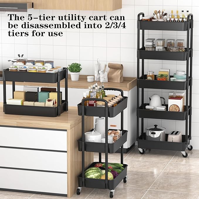 Sywhitta 5-Tier Plastic Rolling Utility Cart with Handle, Multi-Functional Storage Trolley for Office, Living Room, Kitchen, Movable Storage Organizer with Wheels, Black