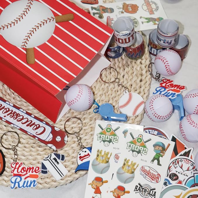 122 PCS Baseball Party Favors, Baseball Party Gifts with Mini Baseballs, Baseball Slap Bracelets, Key Chains, Whistles, Tattoos and Stickers, Baseball Birthday Decorations