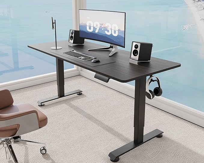 Veken 55 Inch, Height Adjustable Sit Stand Up, Wood Desktop, Work Home Office Computer PC Table, Tall Standup Workstation, Gaming Writing Study Bedroom Rising Desks, Black