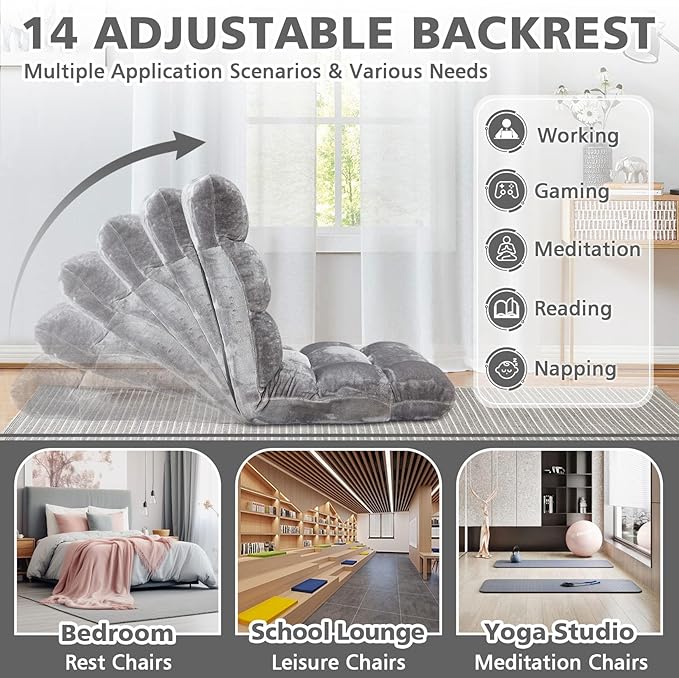Folding Floor Chair 14-Position Cushioned Adjustable Floor Lazy Sofa Chair w/Breathable Cotton & Skin-Friendly Flannel for Adults & Kids Ideal for Reading Meditating, Grey