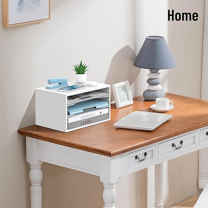Wood Desk Organizer, 3 Tier Paper Tray Organizer for Desk with Adjustable Storage Shelves, Desktop File Organization Paper Sorter Mail Holder for Office Home Classroom, White