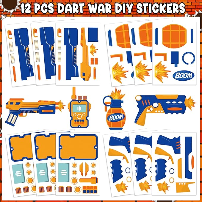 Erweicet Dart Battle Party Favors 72 PCS Gun Slap Bracelets DIY Stickers Temporary Tattoos Keychains Plastic Straws Gift Bags for Kids Boys Birthday Baby Shower Goodie Bag Fillers, Blue,Orange,White