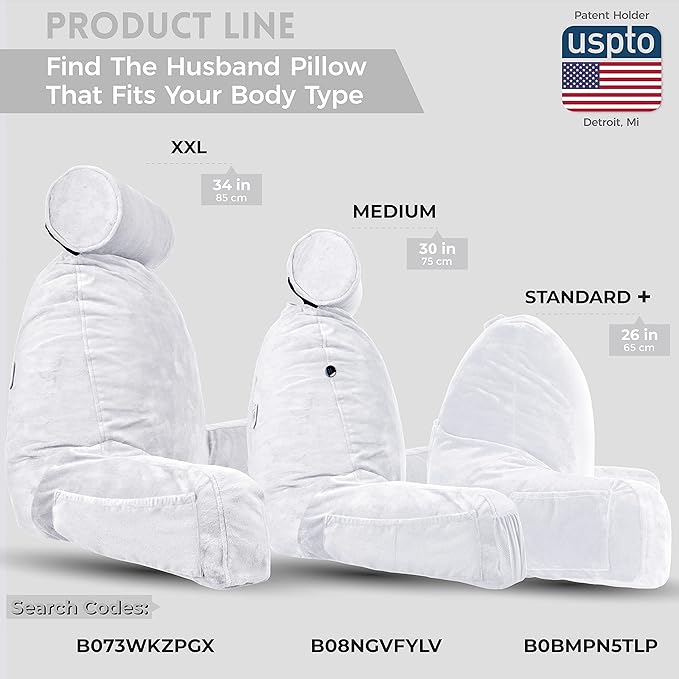 Husband Pillow Medium White, Backrest for Kids, Teens, Petite Adults - Reading Pillows with Arms, Adjustable Loft, Plush Memory Foam, Bed Rest Chair for Sitting Up, Detach Neck Roll, Removable Cover