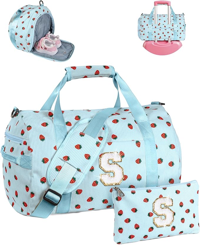 Birthday Gifts for Grandkids, Girls Gym Bag, Kids Personalized Weekend Duffel Bags with Shoe Compartment, Initial Travel Tote with Makeup Bag, Gift for 6 7 8 9 10 11 Year Old Girl (Letter S)
