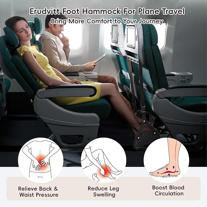 Foot Hammock for Plane Travel, Airplane Foot Hammock, Adjustable Foot Rest Sling, Airplane Gadgets Travel Essentials for Long Time Flight (Black)