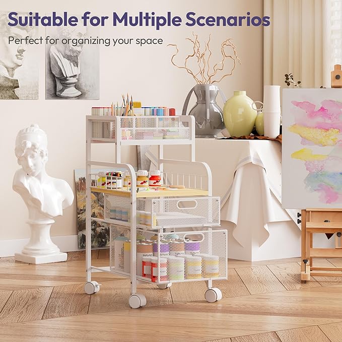 SWTYMIKI Rolling Cart with Drawers - Metal Utility Cart with Wood Shelf, DIY Divider and Locking Wheels, Craft & Art Cart Organizer for Under Desk Storage for Home Office Studio, White