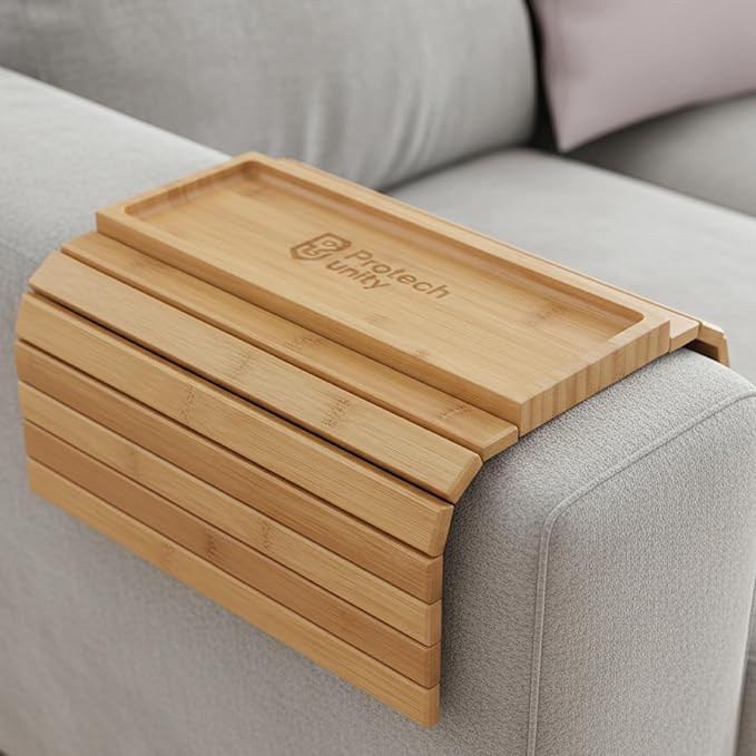 Bamboo Sofa Arm Tray – Flexible Couch Armrest Table with Non-Slip Drink Holder, Fits Straight Arm Sofas, No Assembly Required