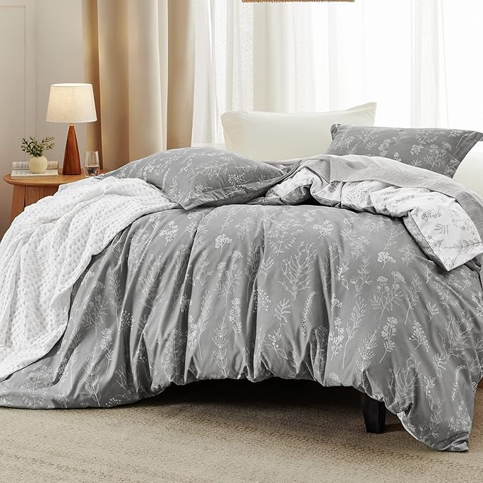 Bedsure King Comforter Set - Grey Bed Set, 3 Pieces Cute Floral Bedding, 1 Soft Reversible Botanical Flowers Comforter and 2 Pillow Shams