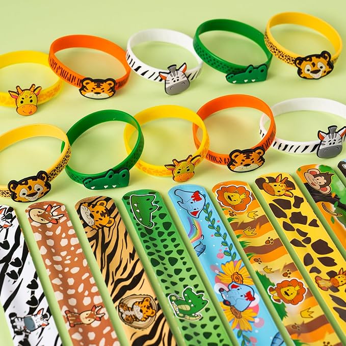 Jungle Safari Party Favors 30 Pcs Wild Animals Slap Bracelets and Rubber Wristband for Kids Birthday Gifts, Wild Theme Party favors for Kids Birthday Party Jungle Safari Party Supplies