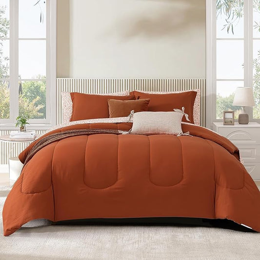 Monbix Queen Comforter Set - 7 Pieces Burnt Orange Bed in a Bag Queen Track Stitching Bedding Sets, All Seasons Comforter Bed Set with Sheets, Pillowcases & Shams