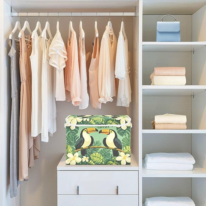 Large Storage Bins with Linen Collapsible Foldable Storage Cubes Fabric Closet Organizer Containers box Flip-Top Lid for Home Bedroom Office 16.7 x 12.6 x 11.8in (Bird Flower Leaves Green Pattern)