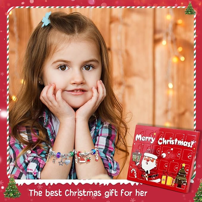 Christmas Advent Calendar 2024 Girls, 24 Days Xmas Countdown Calendar Jewelry Bracelet Set, DIY Charm Bracelet Making Kit Gift for Girls Kids Teens