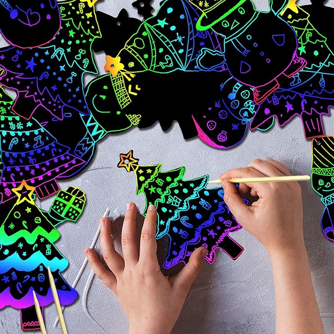 96Pcs Christmas Tree Snowman Scratch Paper Rainbow Color Scratch Ornaments Christmas Decorations Hanging Craft Art Kits with Wooden Stick and Ribbon for Kids Christmas Winter Party Favors