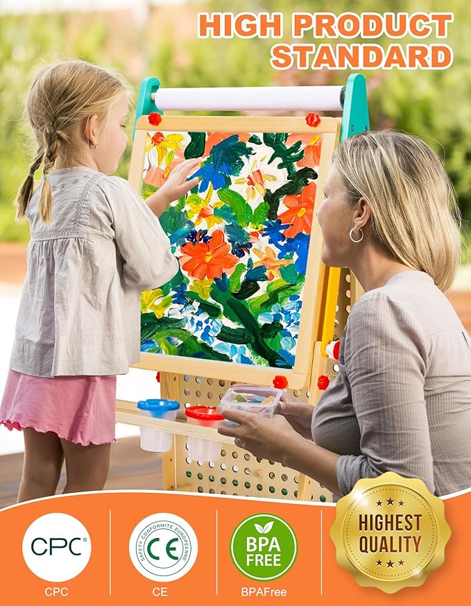 Kids Easel Wooden Marble Run for Kids, 4-in-1 Toddler Art Easel for Kids 3+ Painting Station Stand Drawing, Double-Sided 6 Heights Black Chalkboard Magnetic Whiteboard Paper Roll Holder