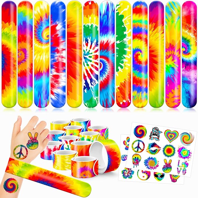 48PCS Tie Dye Party Favors - 24PCS Tattoos & 24PCS Slap Bracelets - Tie-Dye Birthday Supplies, Baby Shower Decorations, Classroom Prizes, Gifts for Boys & Girls