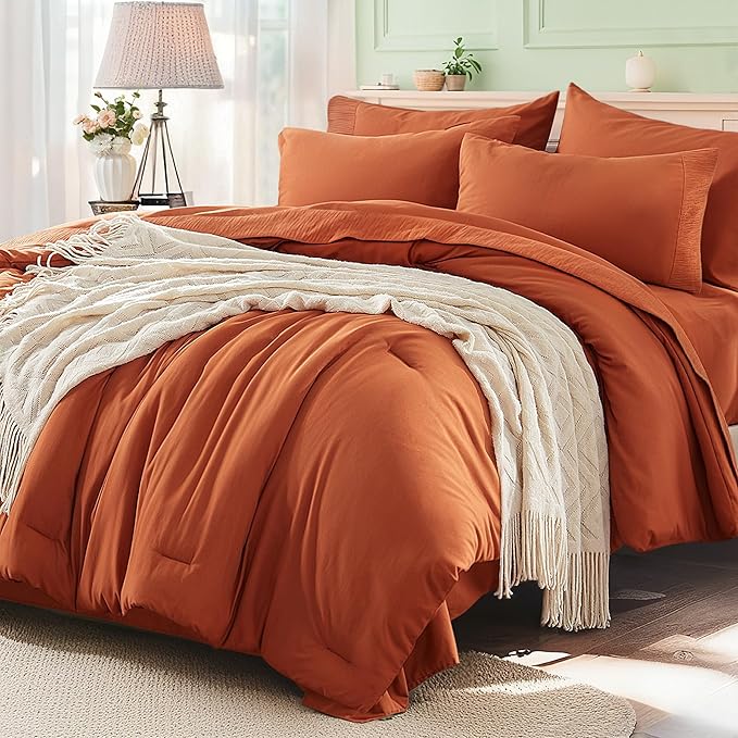 Anluoer Burnt Orange Full Comforter Set 7 Pieces, Bed in a Bag with Sheets, All Season Bedding Sets with 1 Comforter, 2 Pillow Shams, 2 Pillowcases, 1 Flat Sheet, 1 Fitted Sheet