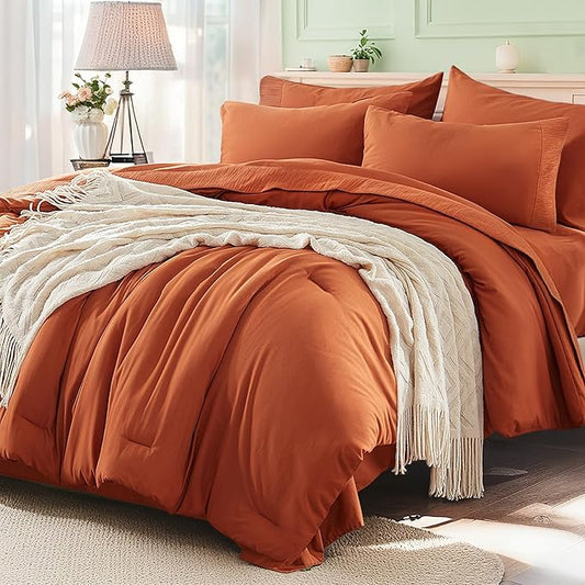 Anluoer Burnt Orange Full Comforter Set 7 Pieces, Bed in a Bag with Sheets, All Season Bedding Sets with 1 Comforter, 2 Pillow Shams, 2 Pillowcases, 1 Flat Sheet, 1 Fitted Sheet