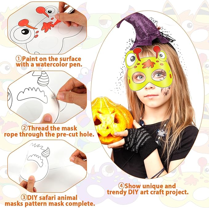 36 Set Monster Coloring Mask Halloween Paper Arts Crafts Kid Color Your Own Animal Blank DIY Mask Masquerade Birthday Dress-Up Party Decoration Favor School Classroom Activity Game Supplies