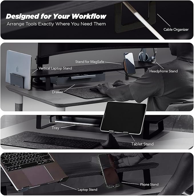 ULTRARM Moodular Wooden Monitor Stand 45.6” (116cm) Large Desk Organizer with Metal Slide Rails for Drawer, Tray, Laptop, Tablet, Phone & Headphones Customizable Riser for Organized Workspace Oak