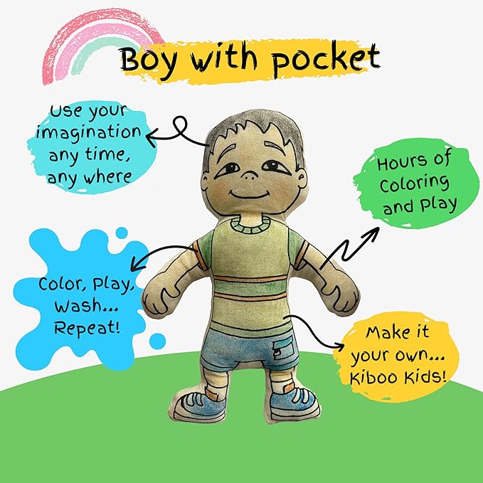 Color Your Doll - Boy Doll with Pocket & Backpack - Washable Markers Included - Educational Art & Crafts Toy for Kids - Reusable, Color, Play, Wash, Repeat - Creative Gift