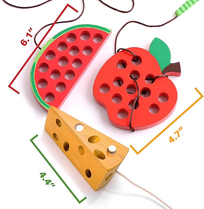 Lacing Toy for Toddlers, Fine Motor Skill Toys for 3 Year Old, Educational Learning Montessori Activity for Baby Kids, Car Plane Travel Games, Wooden Threading Toys 1 Apple,1 Watermelon, 1 Cheese.