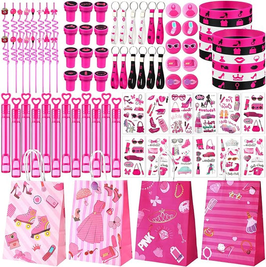 96 Pcs Pink Party Favors Hot Pink Princess Party Gifts Set Include Tattoos, Bracelets, Keychains, Badges, Toy Stamps, Straws, Gifts Bags, Bubble Water for Hot Pink Girls