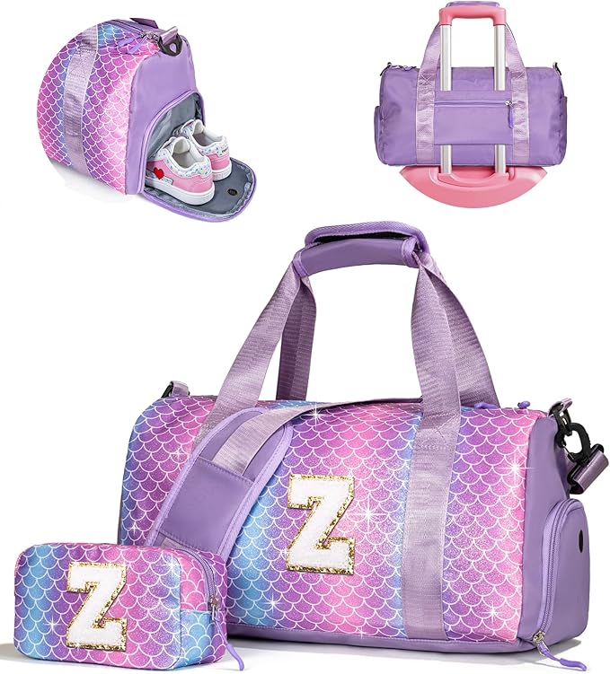Birthday Gift for Granddaughter-Girl Gym Bag with Shoe Compartment, Kid Weekender Overnight Bags, Initial Travel Tote with Makeup Pouch, 7 Year Old Girl Birthday Gift Idea (Letter Z)