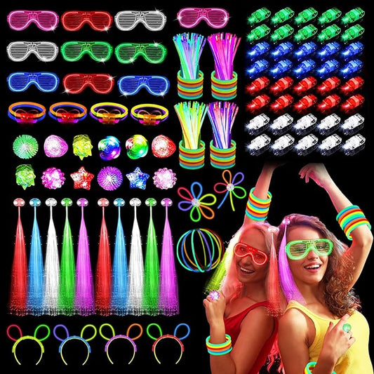 Glow in the Dark Party Supplies for Kids, Light Up Party Favors with 72 LED Light Up Toys, 100 Glow Sticks Bulk DIY Glow Necklaces Glasses Bracelets for Glow Party, New Year, Neon Party favors