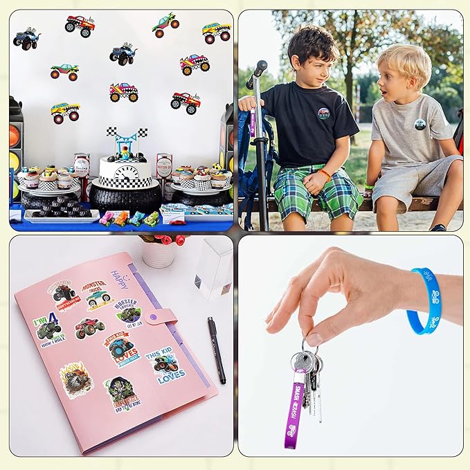 ANGOLIO 110Pcs Monster Truck Party Favors Kits, Favors All-in-One Pack Party Supplies Include Monster Truck Stickers Keychain Bracelet Badge Car Face Stickers for Boys Kids Birthday Party Supplies